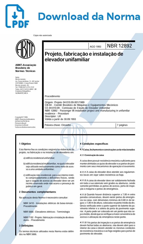 NBR 12892: Projeto, Fabricação e Instalação de Elevadores Unifamiliares